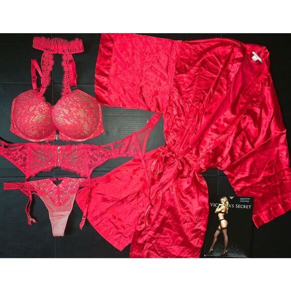 Victoria's Secret high-neck 34DDD BRA SET+GARTER+ROBE FISHNET RED crystallized